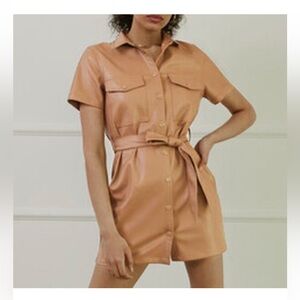 Faux leather shirt dress- Camel